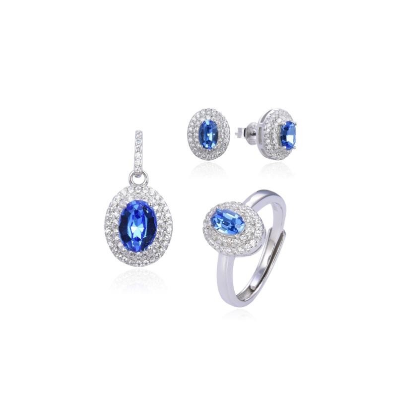 Completo Donna Trova Gioielli 3386-BS Anello Ciondolo E Orecchini Con Pietre Azzurre