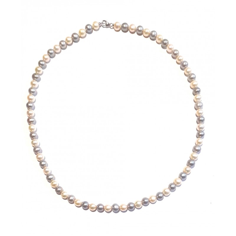Collana Donna MIKIKO MC1444O4FCBG055 In Perle Bianche E Grigie Con Chiusura Oro Bianco
