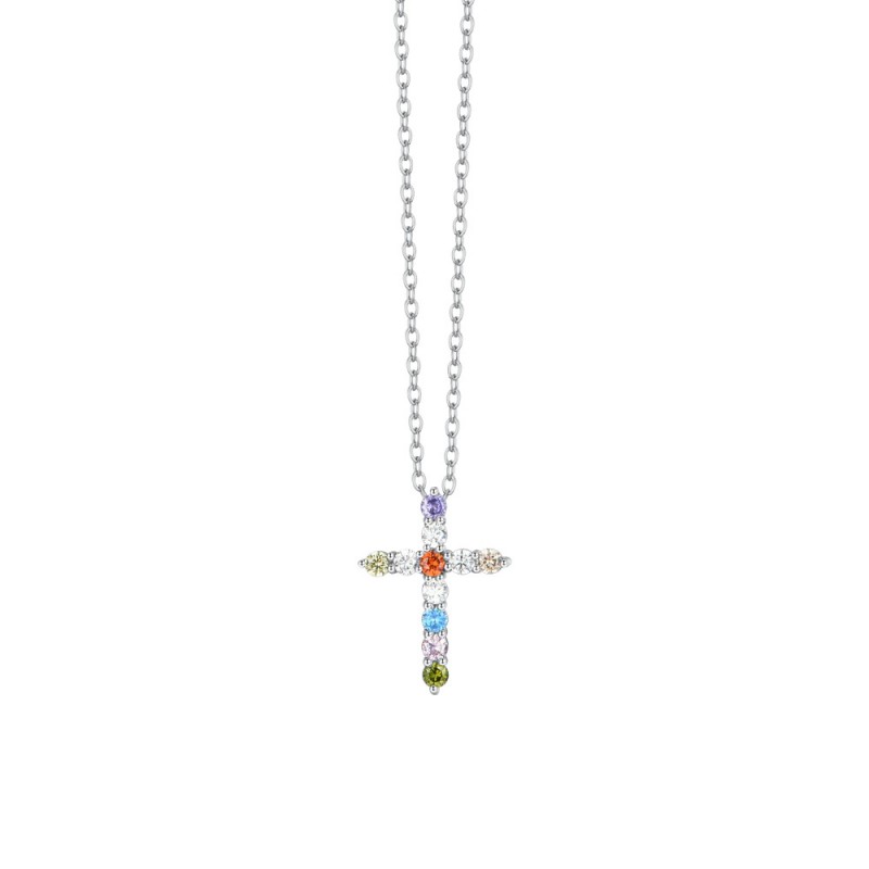 Collana Donna Luca Barra CK2021 In Acciaio Con Croce E Cristalli Multicolore
