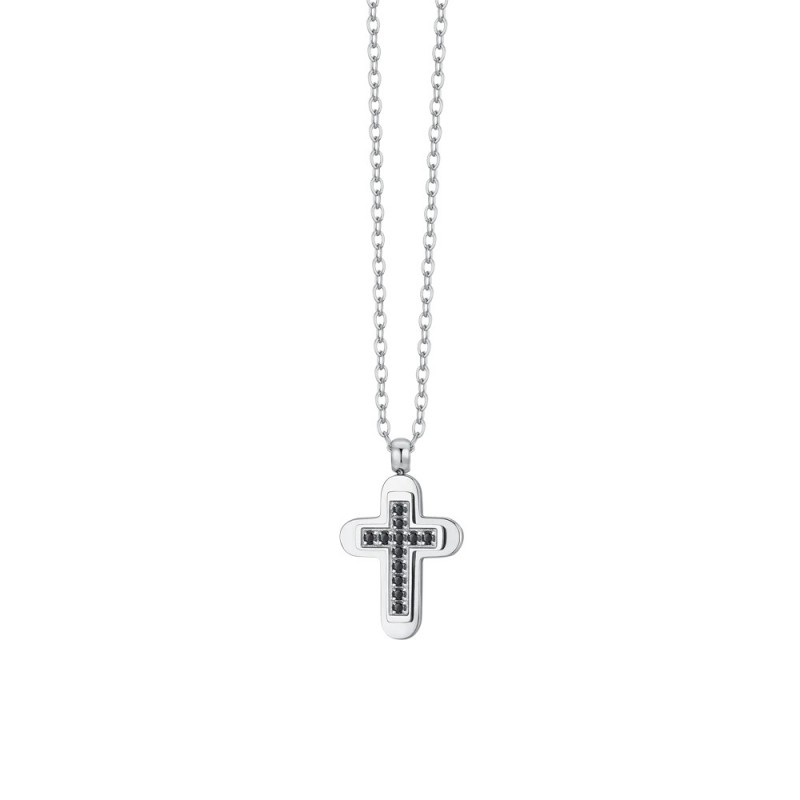 Collana Uomo Luca Barra CA504 In Acciaio Con Croce Con Cristalli Neri