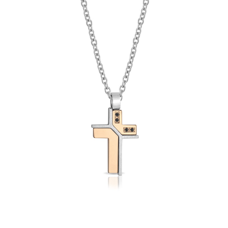 Collana Uomo ARKANO CRB16NB In Acciaio Con Croce Con Diamanti Neri