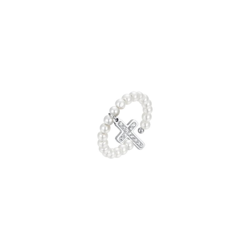 Anello Donna Luca Barra ANK525 In Acciaio Con Perline Bianche E Pendente Croce