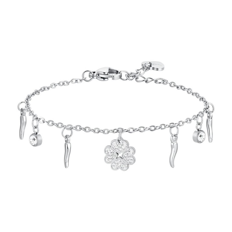 Bracciale Donna Luca Barra BK2691 In Acciaio Con Quadrifoglio E Cornetti