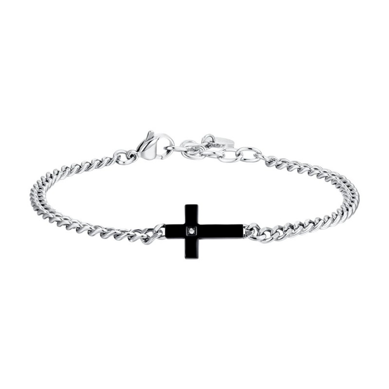 Bracciale Uomo Luca Barra BA1787 In Acciaio Con Croce Nera E Zircone