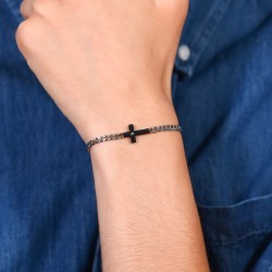 Bracciale Uomo Luca Barra BA1787 In Acciaio Con Croce Nera E Zircone