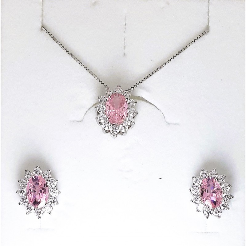 Completo Collana E Orecchini Gioja Argento CBR54 R In Argento Con Pietre Rosa
