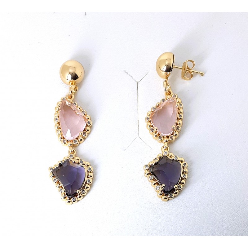 Orecchini Donna Sovrani J10053 Pendenti In Ottone Dorato Con Cristalli Rosa E Viola