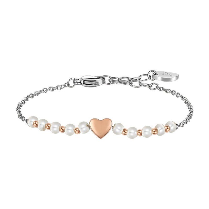 Bracciale Donna Luca Barra BK2746 In Acciaio Con Cuore Rosé E Perline Bianche