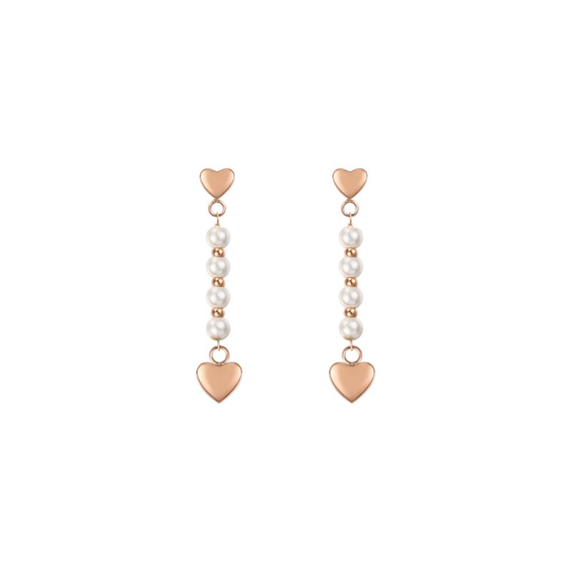 Orecchini Donna Luca Barra OK1418 In Acciaio IP Rosé Con Cuore E Perline Bianche
