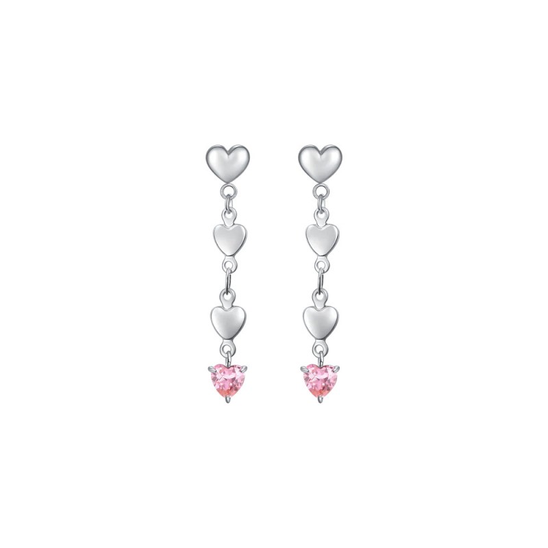 Orecchini Donna Pendenti Luca Barra OK1422 Con Cuori E Cristallo Rosa
