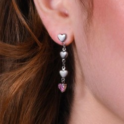 Orecchini Donna Pendenti Luca Barra OK1422 Con Cuori E Cristallo Rosa