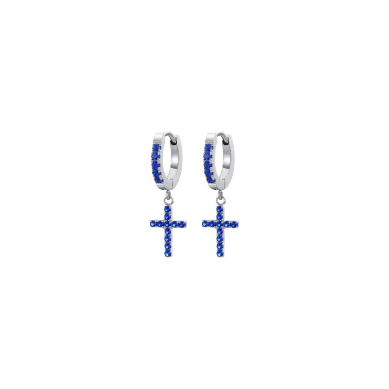 Orecchini Unisex Luca Barra OK1431 In Acciaio A Cerchio Con Croce E Cristalli Blu