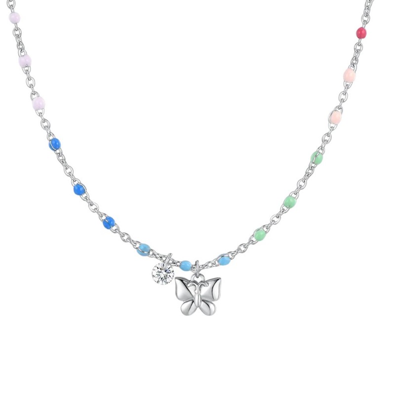 Collana Donna Luca Barra CK2180 In Acciaio Con Smalto Multicolore E Farfalla