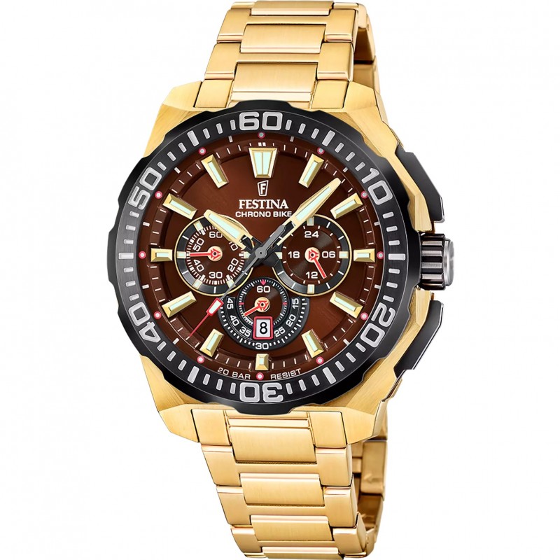 Orologio Uomo Festina Chrono Bike F20727/3 Cronografo Con Cassa E Cinturino Dorati