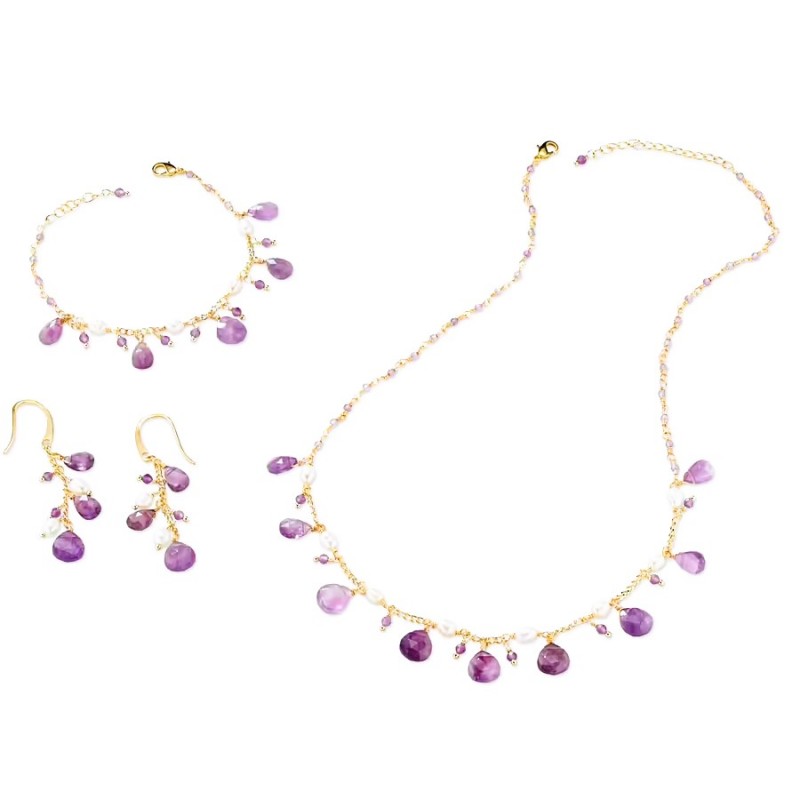 Set Donna Orecchini Collana Bracciale J10583 In Bronzo Dorato Con Ametiste