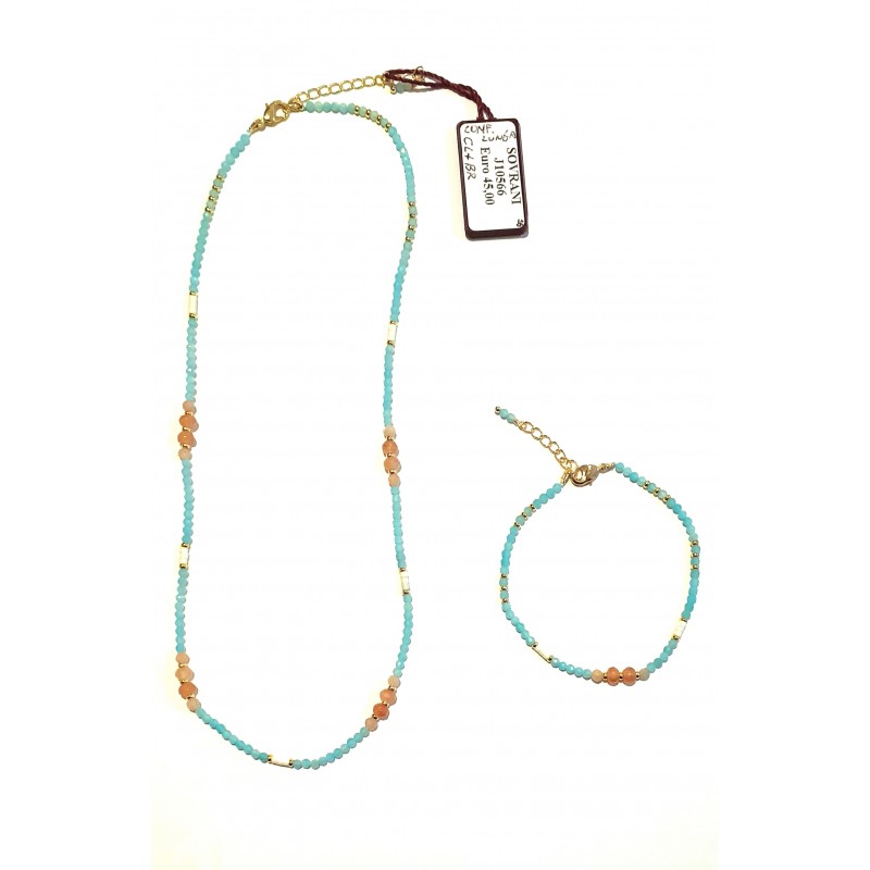 Completo Donna Collana Bracciale Sovrani J10566 In Bronzo Dorato Con Cristalli Verde Acqua