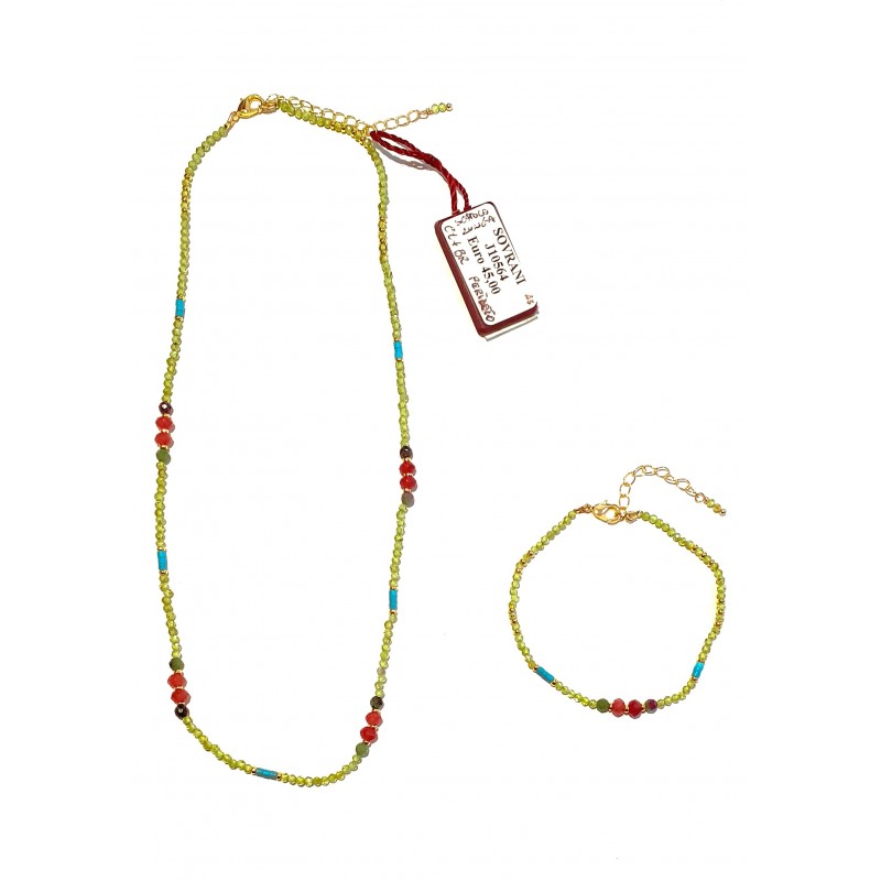 Completo Donna Collana Bracciale Sovrani K2808 DB In Bronzo Dorato Con Cristalli Verdi