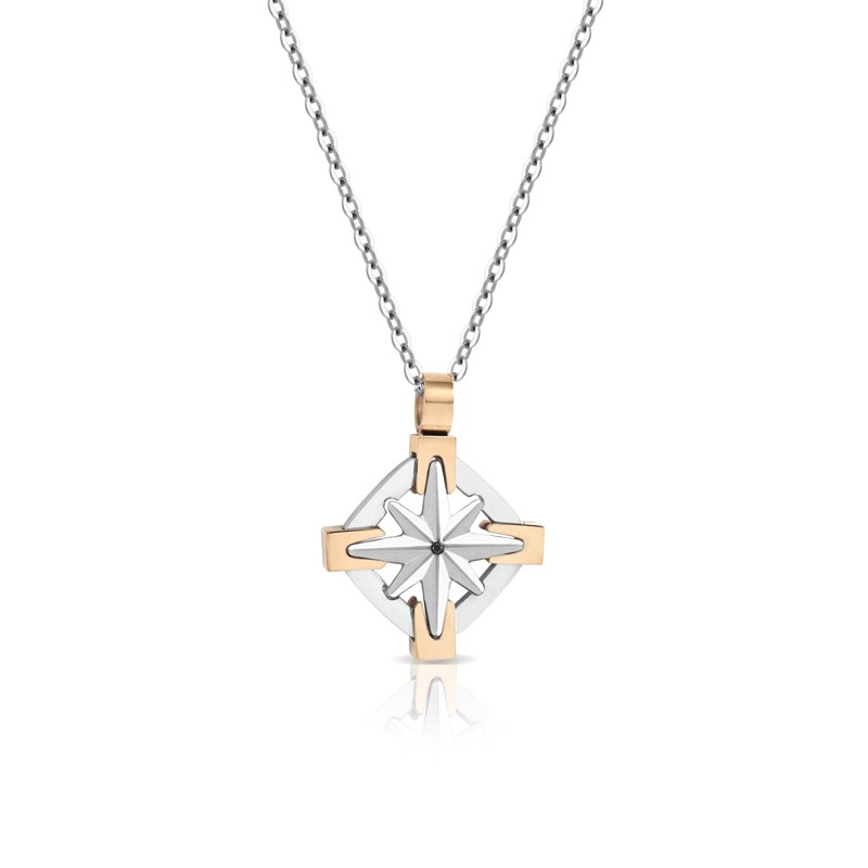 Collana Uomo Arkano CN17 In Acciaio Con Rosa Dei Venti E Diamante Nero