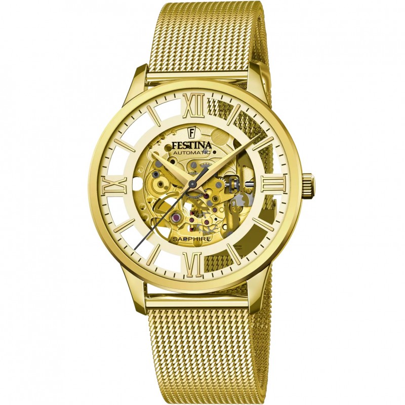 Orologio Uomo Festina F20667/1 Automatico Scheletrico Con Cassa E Cinturino Dorati