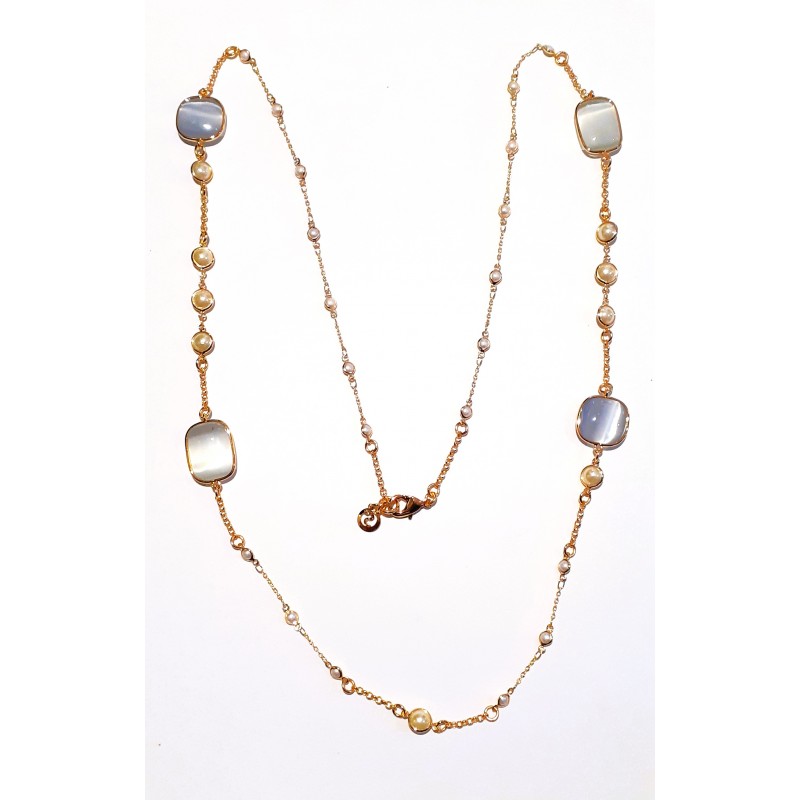 Collana Donna Lunga Sovrani J11562 In Ottone Dorato Con Pietre Grigio Ghiaccio E Perle Bianche
