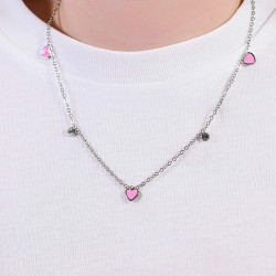 Collana Bimba Luca Barra JC146 In Acciaio Con Cuori Rosa E Cristalli