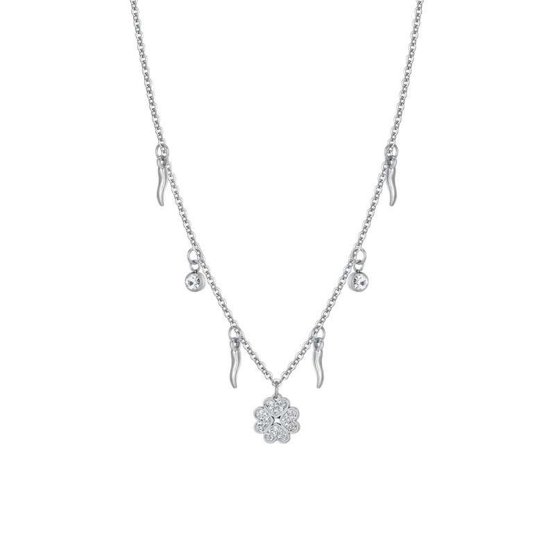 Collana Donna Luca Barra CK2037 In Acciaio Con Quadrifoglio E Cornetti