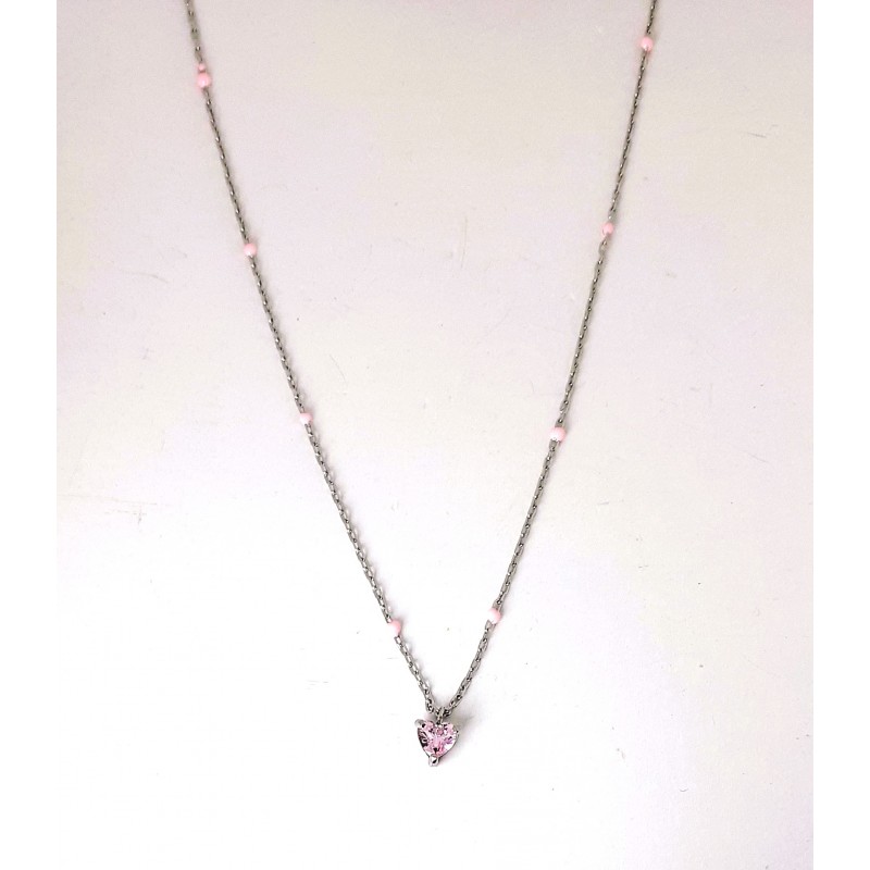 Collana Bimba Luca Barra JC165 In Acciaio Con Zircone Rosa A Cuore