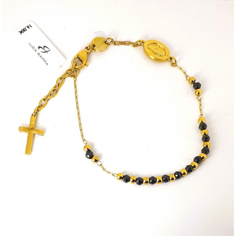 Bracciale Uomo Del Rosario Luca Barra BA1893 In Acciaio Dorato Con Pietre Nere