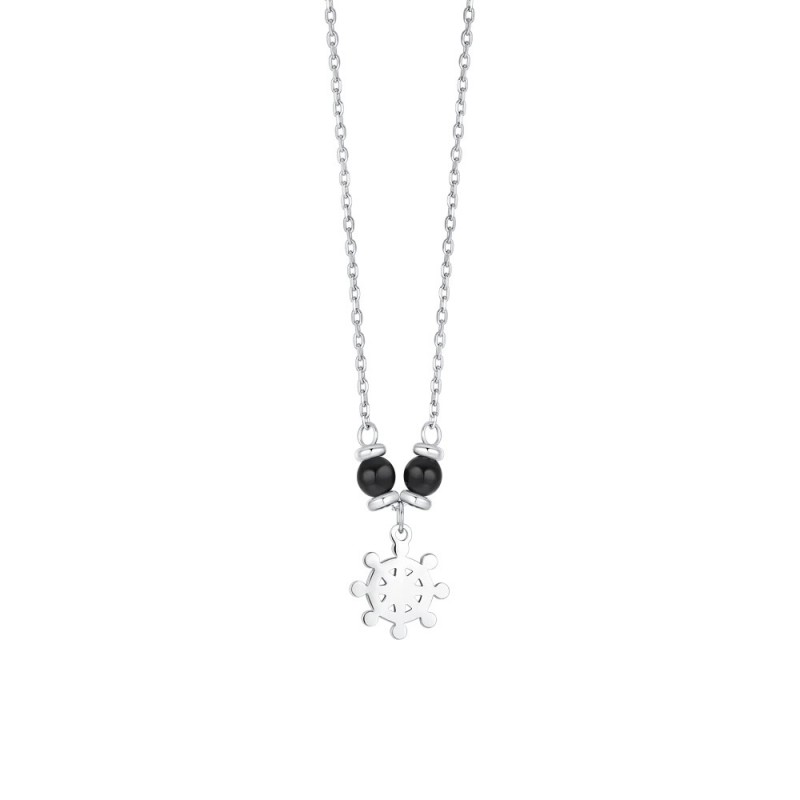 Collana Bambino Luca Barra JC169 In Acciaio Con Timone E Pietre Nere
