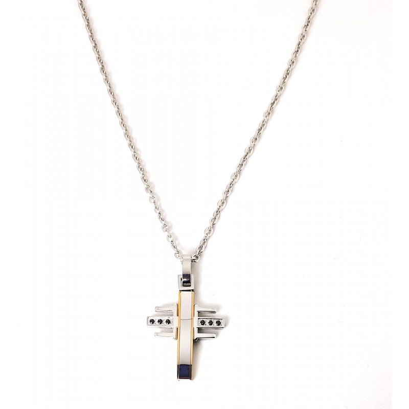 Collana Uomo Arkano CR038R/N In Acciaio Con Croce E Zirconi Neri