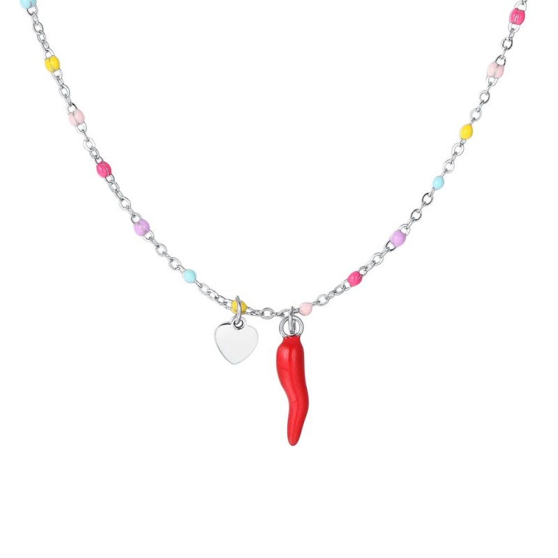 Collana Bambina Luca Barra JB171 In Acciaio Con Cornetto Rosso E Cuore