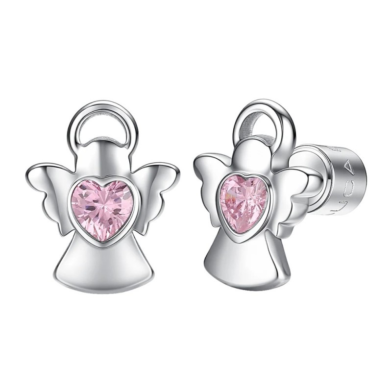 Orecchini Bambina Luca Barra JO140 In Acciaio Angelo Con Cristallo Rosa