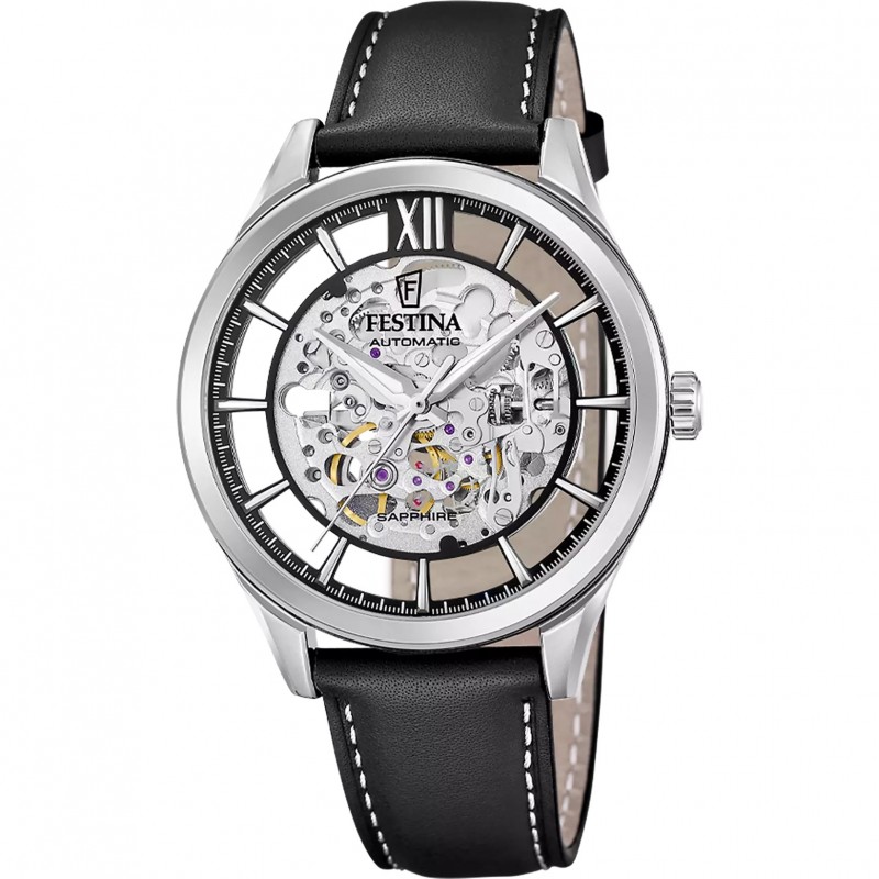 Orologio Uomo Automatico Festina F20793/1 Scheletrico Con Cinturino  Pelle Nera