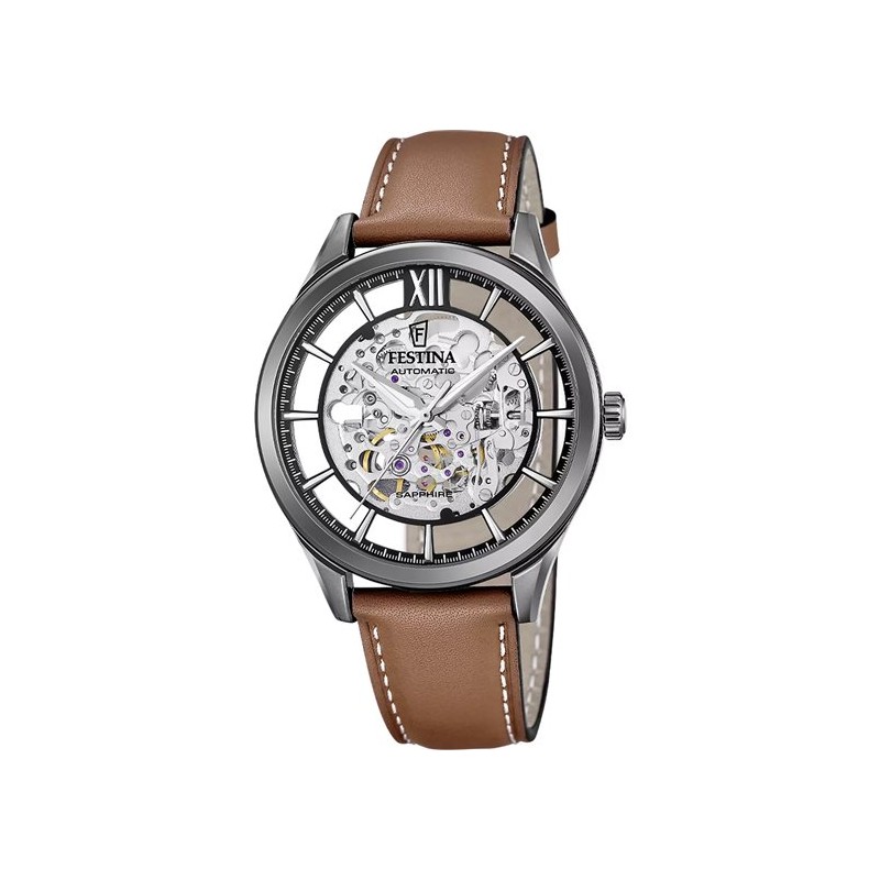 Orologio Uomo Festina Automatico Scheletrico F20794/1 Con Cinturino Pelle Marrone
