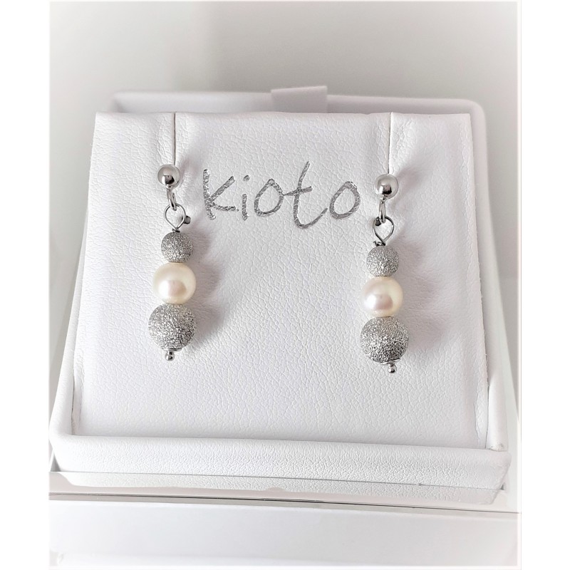 Orecchini Donna Kioto 387BS Pendenti In Oro Bianco Con Perla E Sfere Diamantate