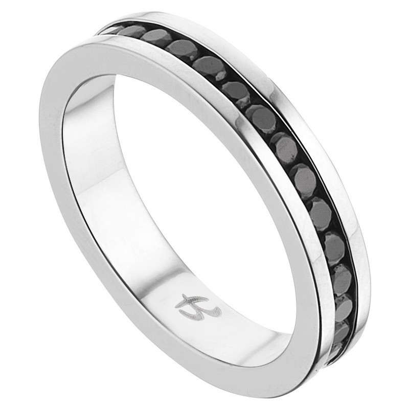 Anello in acciaio a fascia con pietre nere Luca Barra AN115.11