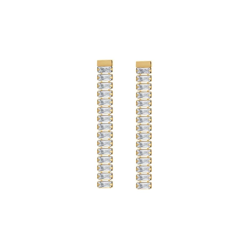Orecchini Donna Barra OK1187 Pendenti In Acciaio Dorato Con Cristalli Baguette