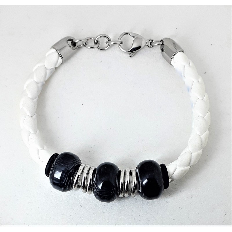 Bracciale in cuoio bianco con pietre nere Manuel Zed L2143_0004