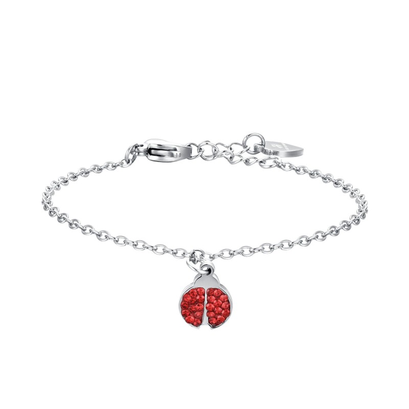 Bracciale Bimba Luca Barra JB124 In Acciaio Con Coccinella E Strass Rossi